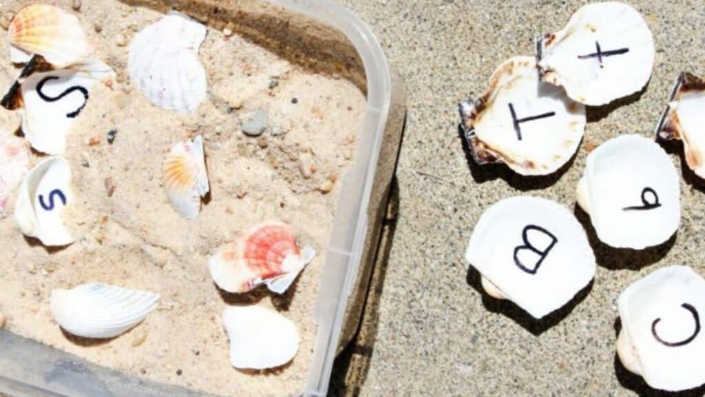 letter matching seashell sensory bin.
