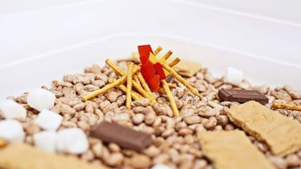 s'mores sensory bin.