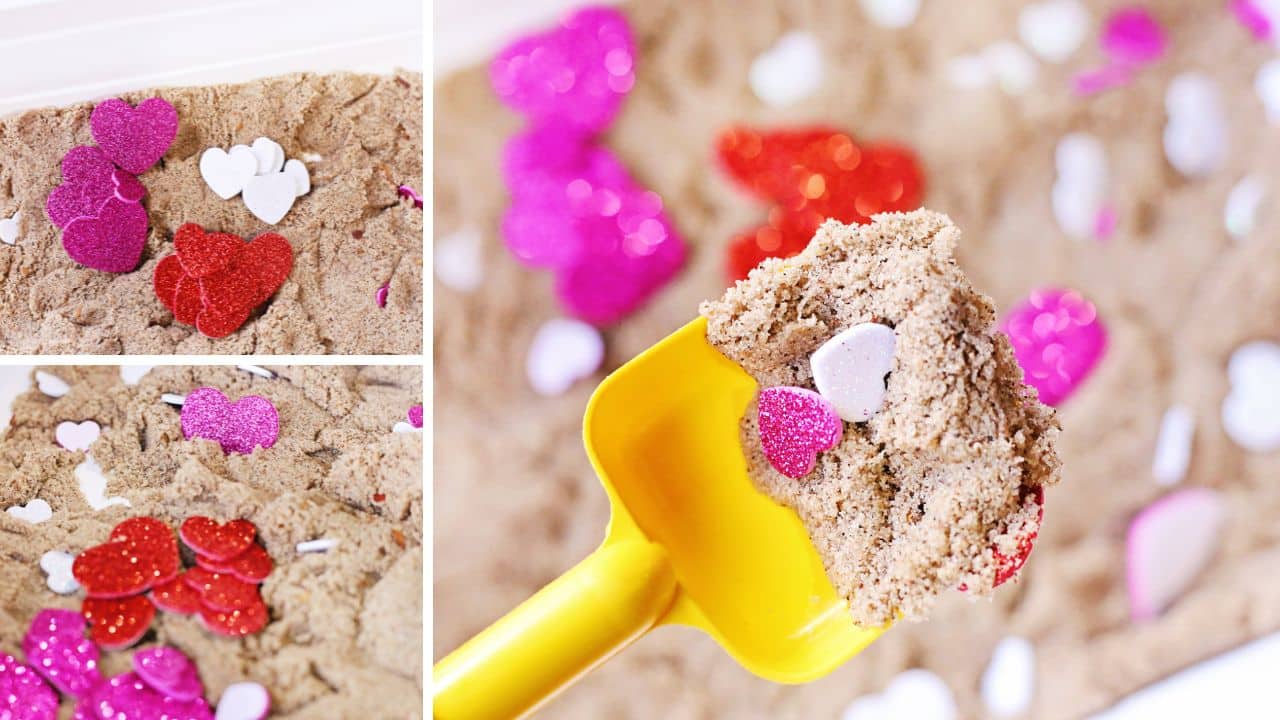 Digging for hearts sensory bin playing,