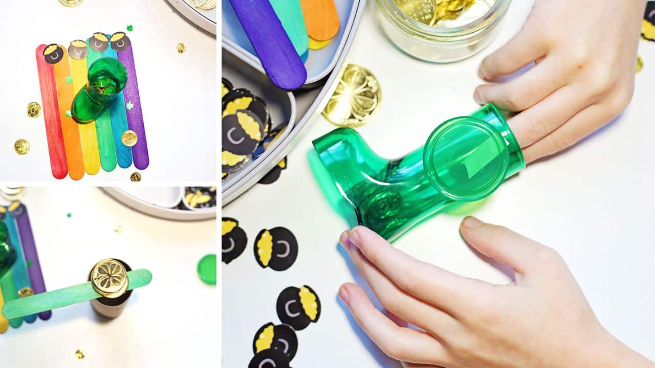 leprechaun trap sensory bin playing.