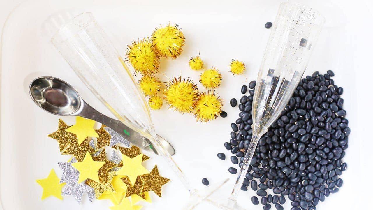 new years sensory bin supplies.