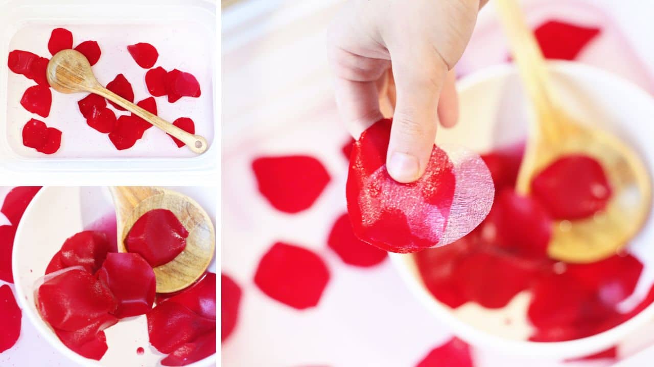 rose petal valentine sensory bin playing.