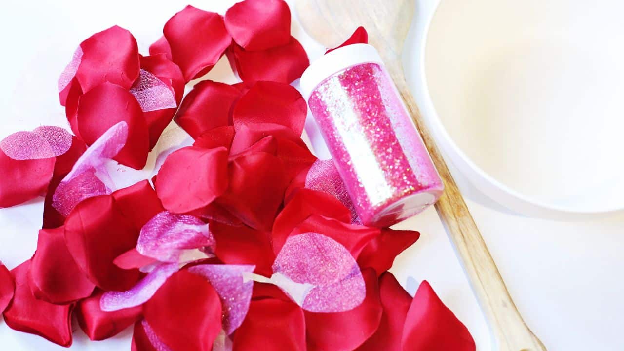 rose petal valentine sensory bin supplies.